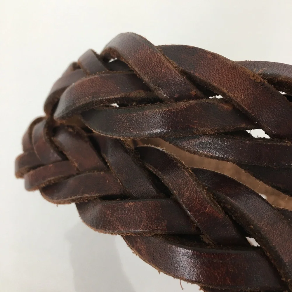 Chunky Braided Woven Leather Belt Dark Brown Western Floral Silver Buckle Boho